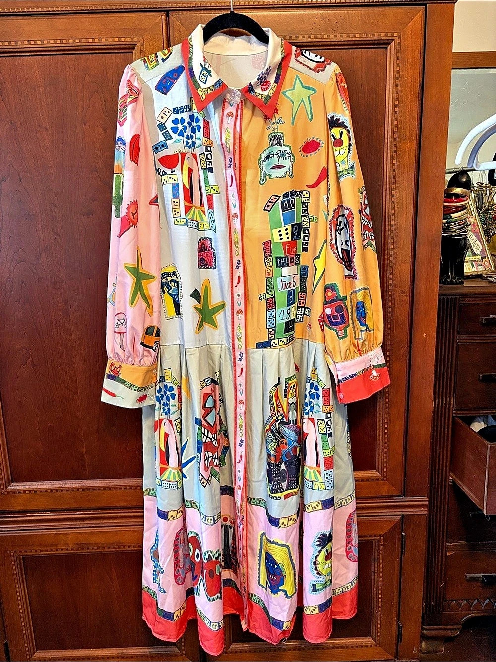 Women's Abstract Print Maxi Dress in Pink & Yellow Like New